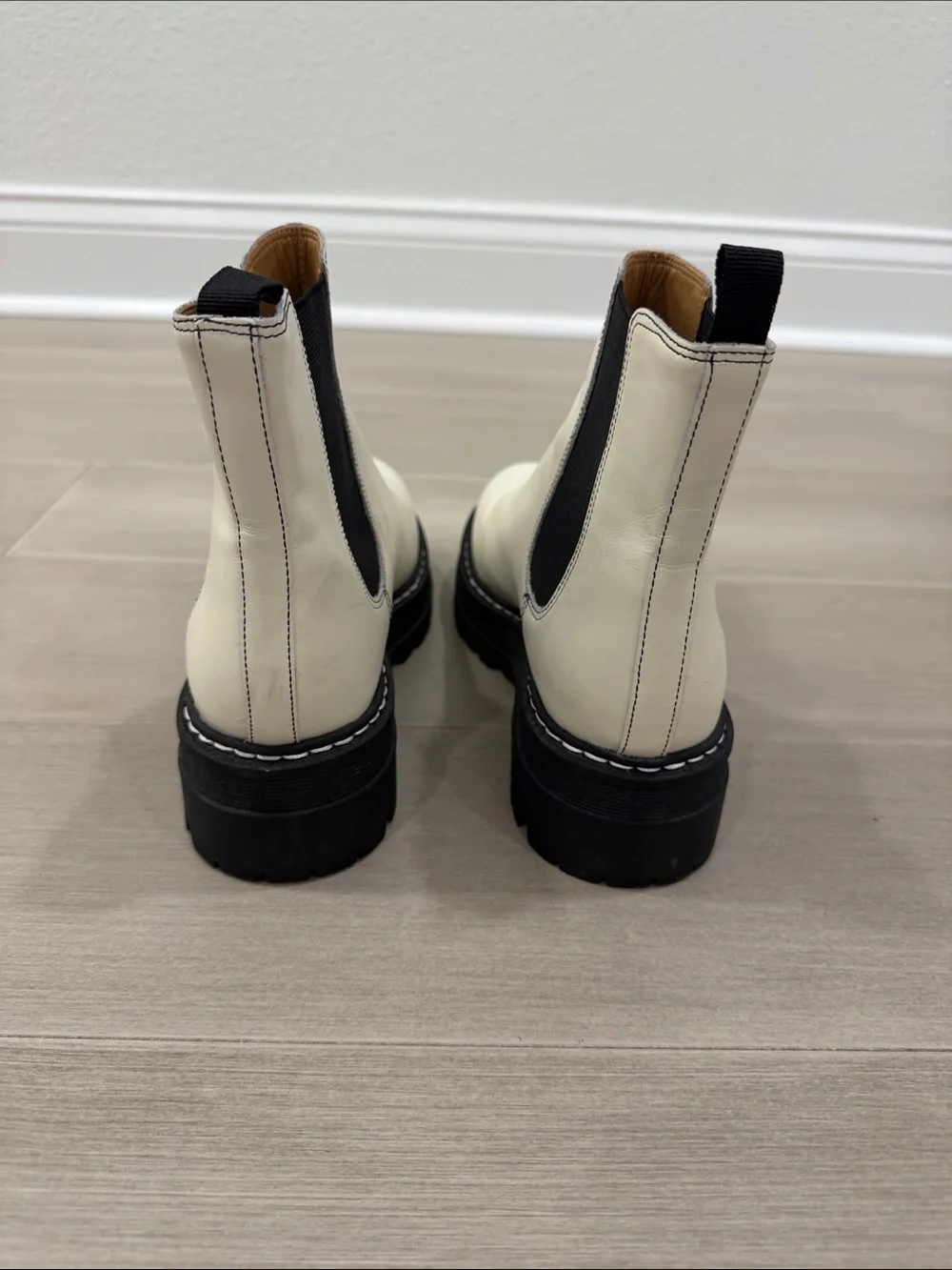 Marc Fisher Women’s Light Cream Chelsea Lug Sole Boots with Black Elastic Panels